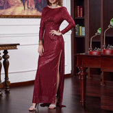Robe longue de cocktail dos nu à manches longues et coupe ajustée avec fente